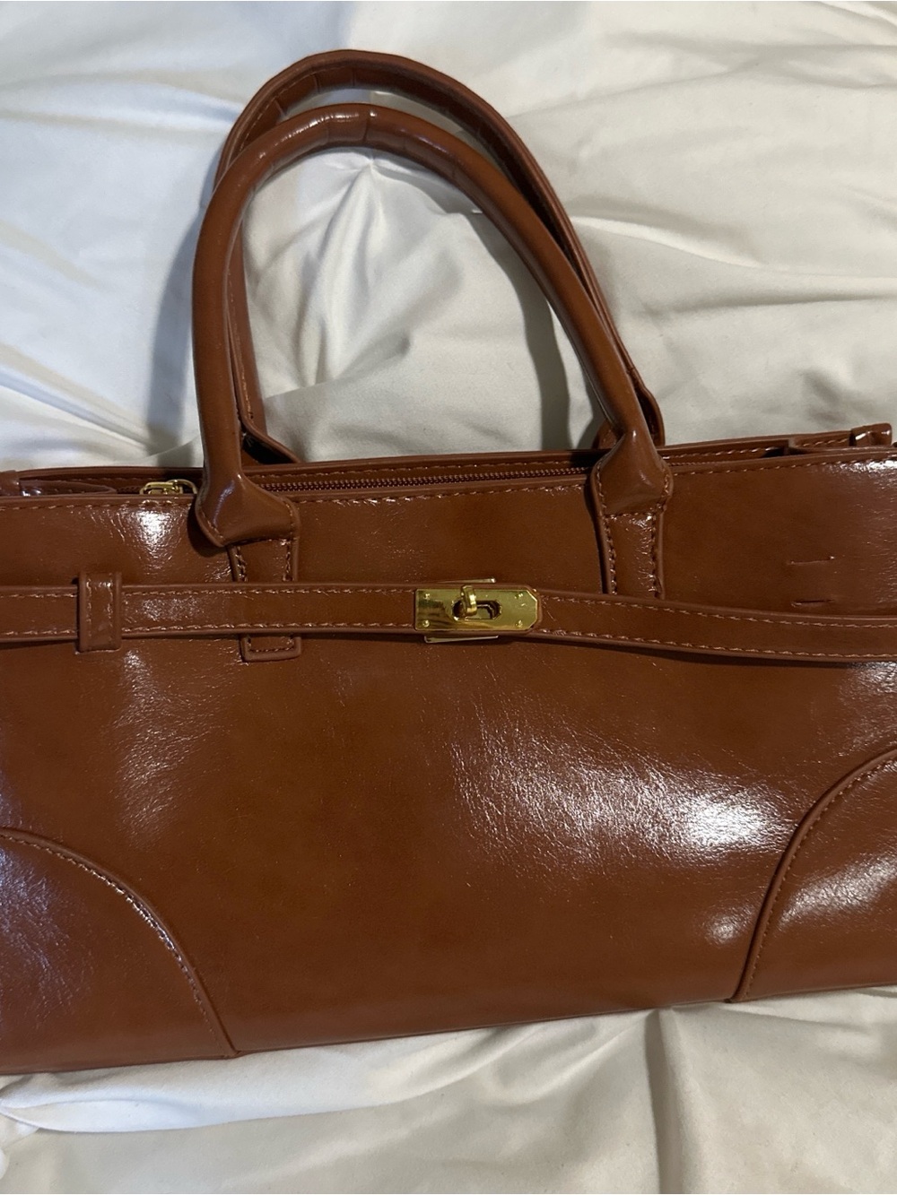 Stylish Brown Women's Tote Handbag with Gold Hardware
